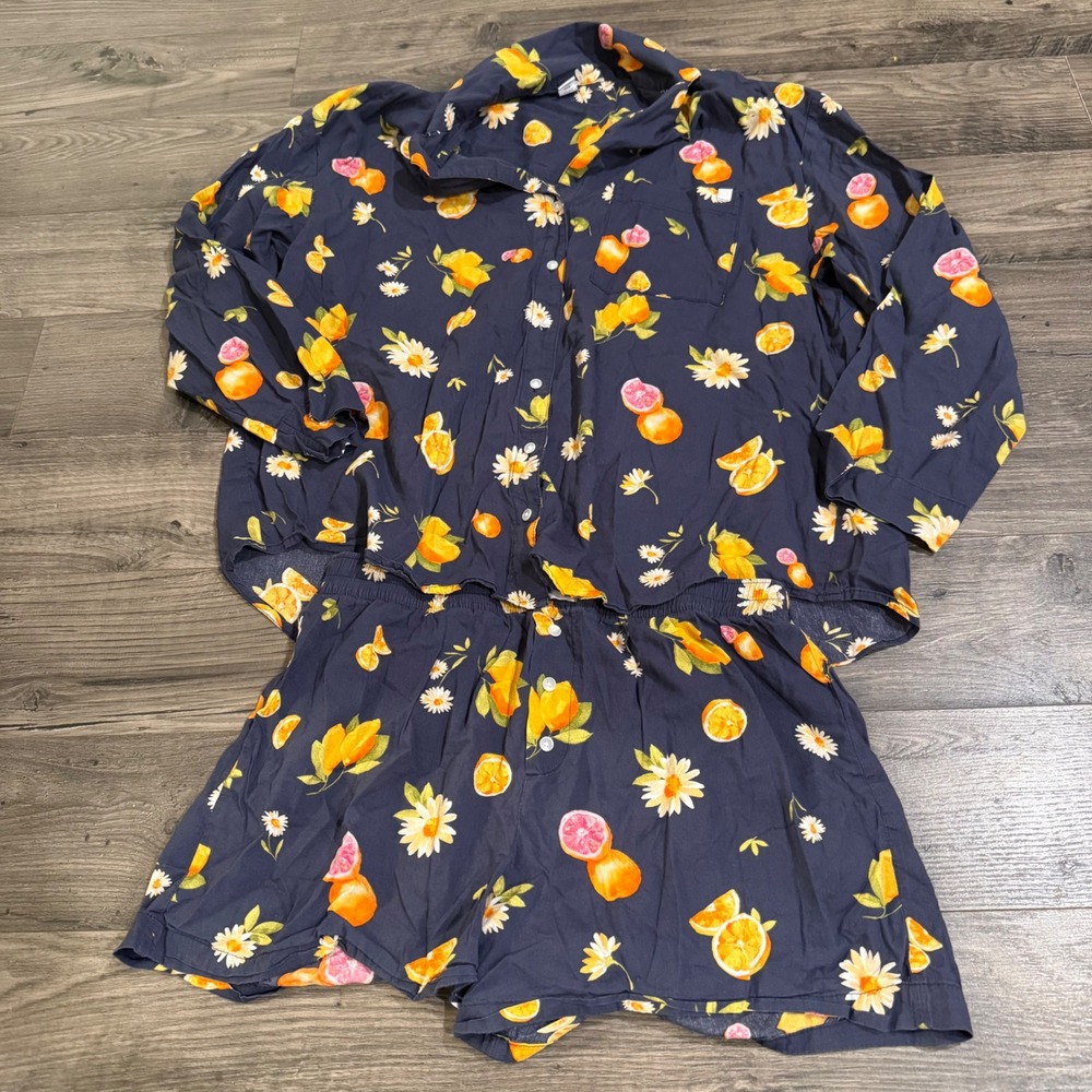 Old Navy ONLY Pajama Set Navy Citrus Fruit Daisy Print Shirt Medium Small